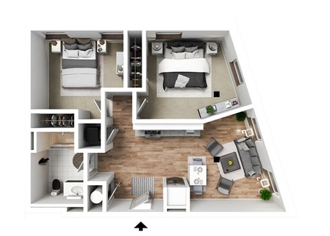 Floor plan for 2 beds, 1 bath, 709 sqft